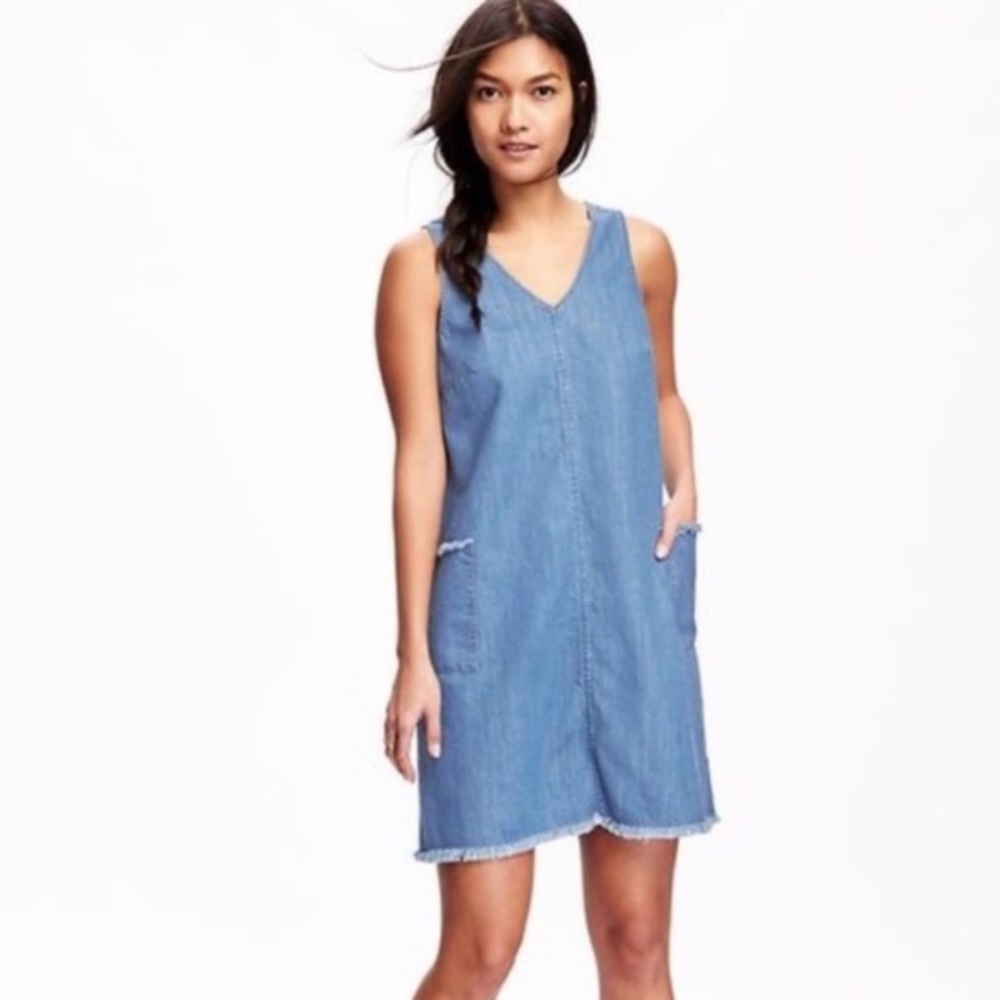 Fringed Denim Shift Dress with Pockets!